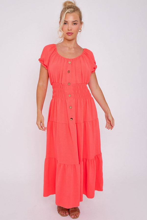 Plain Shirred Waist Tiered Dress