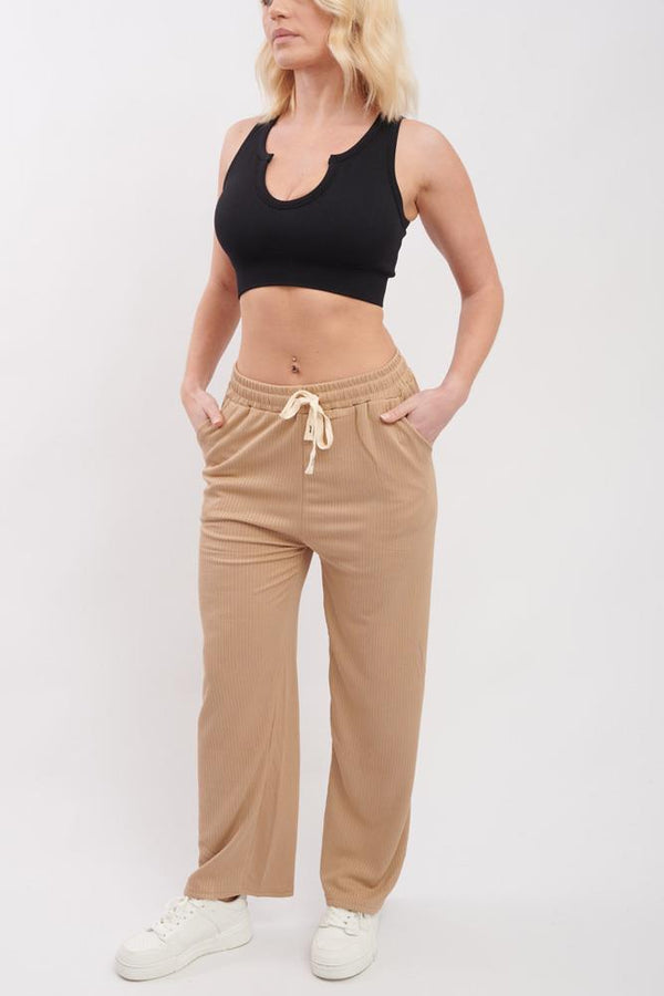 Plain Ribbed Drawstring Trousers