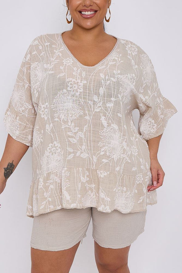 Dandelion Flower Print Ruffle Hem Cotton Top