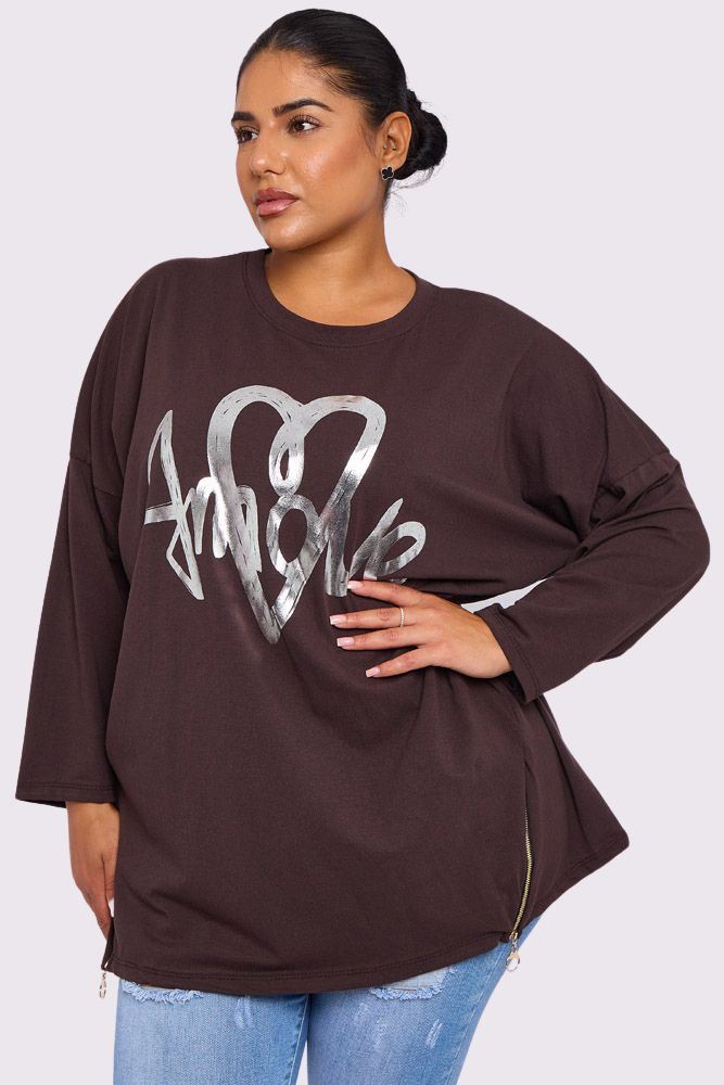 Foil Heart Print Side Zip Top