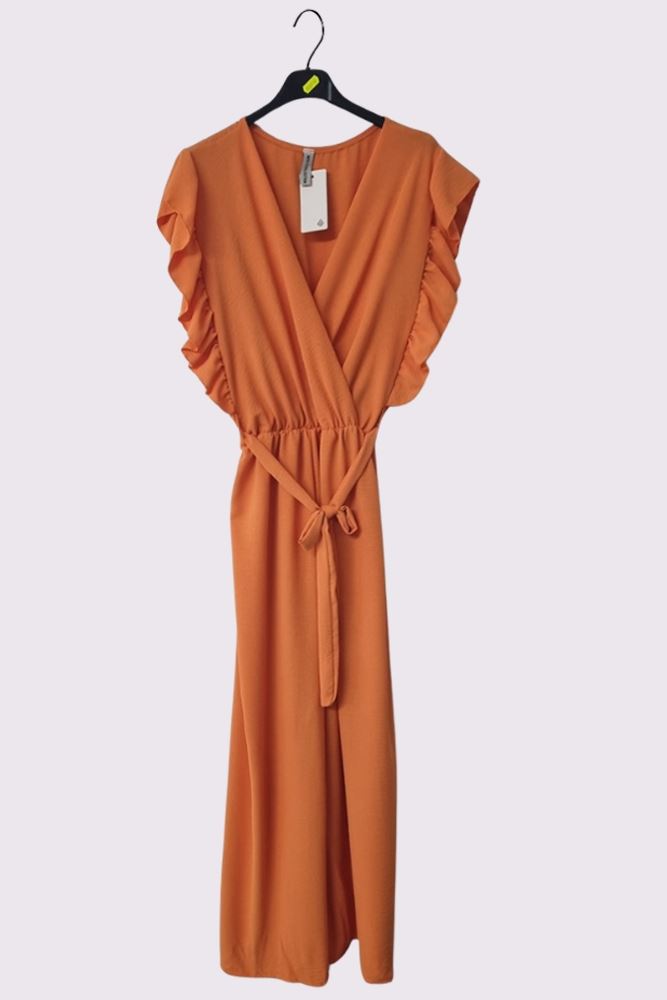 Plain Ruffle Sleeve Wrapover Belted Jumpsuit