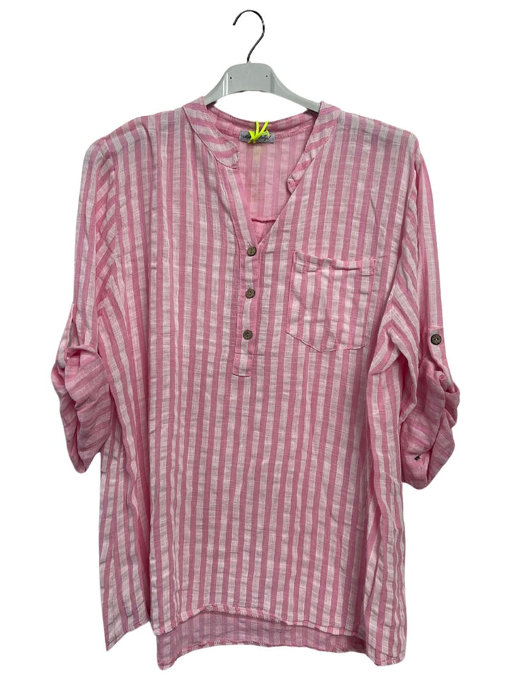 Vertical Stripes Print Single Chest Pocket Tunic Cotton Top