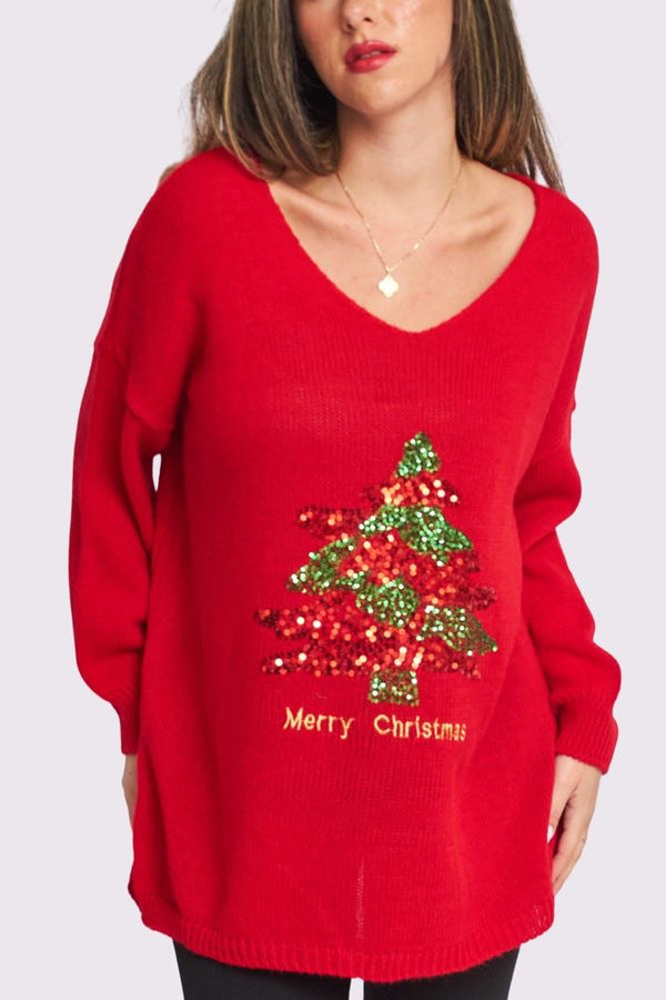 Sequin Merry Christmas Tree Motif Knit Style Oversized Jumper