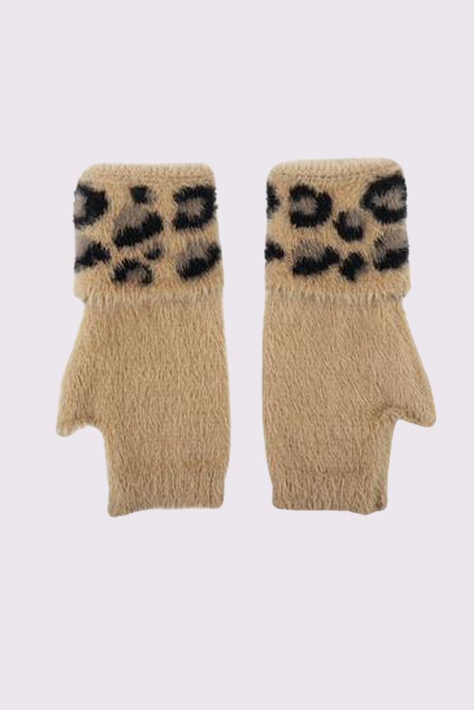 Fur Leopard Print Fingerless Gloves