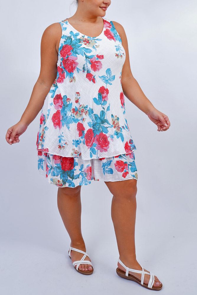 Rose Design Cotton Dress with Tiered Hem
