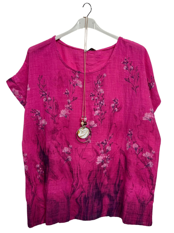 Floral Print Necklace Tunic Cotton Top