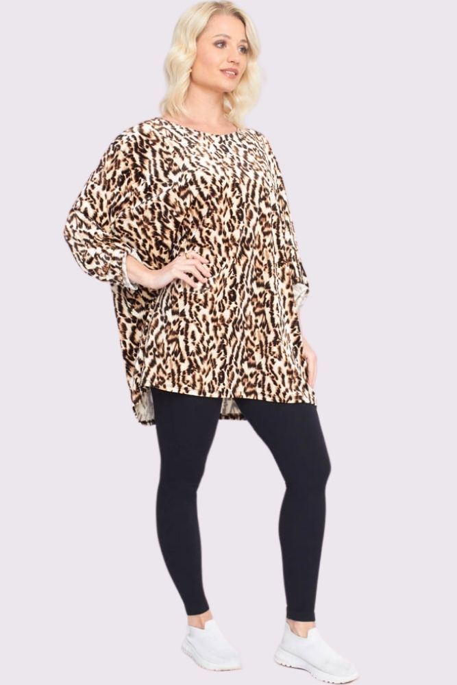 Animal Print Button Up Sleeve Dip Hem Top