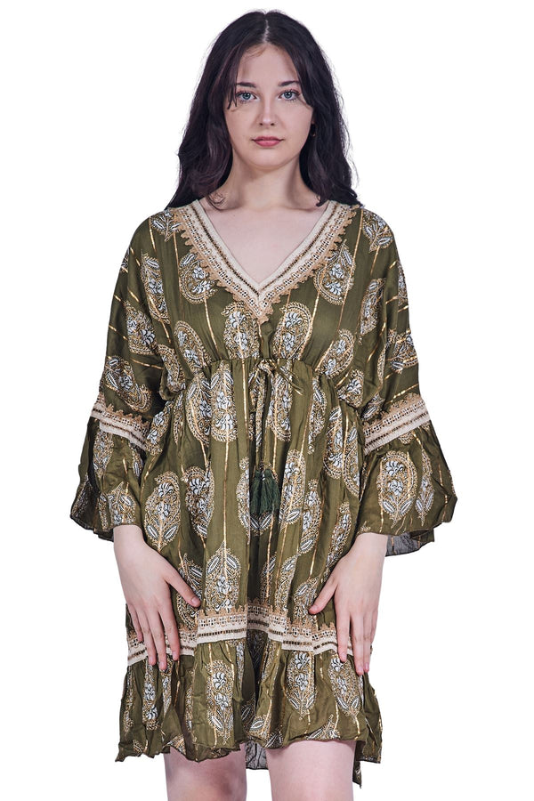 Paisley-Inspired Print Metallic Threadwork Vintage Bohemian Dress