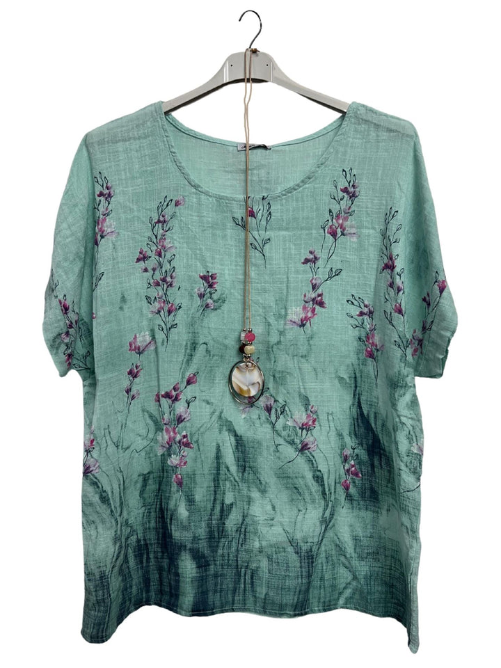 Floral Print Necklace Tunic Cotton Top