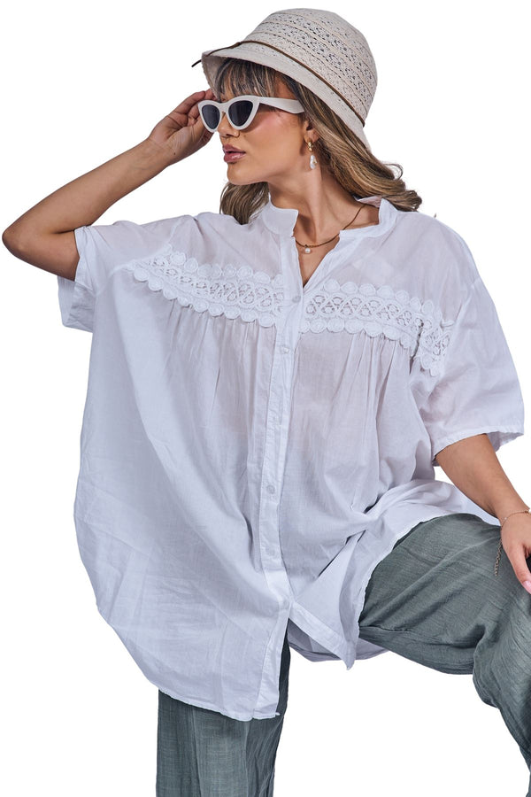 Plain Lace Detailing Cotton Shirt