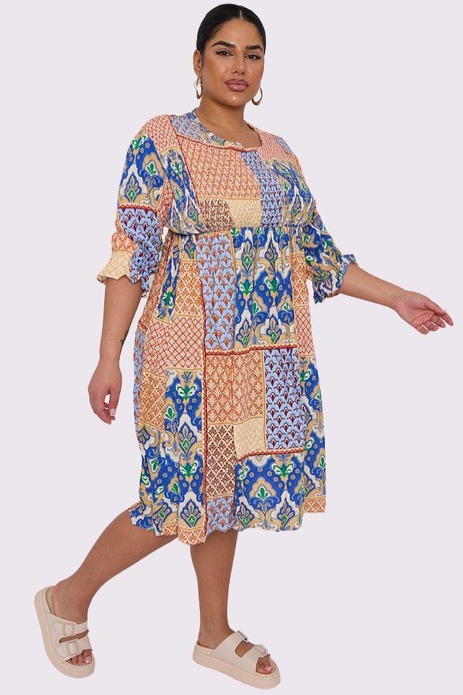 Geometric Print Shirred Dress