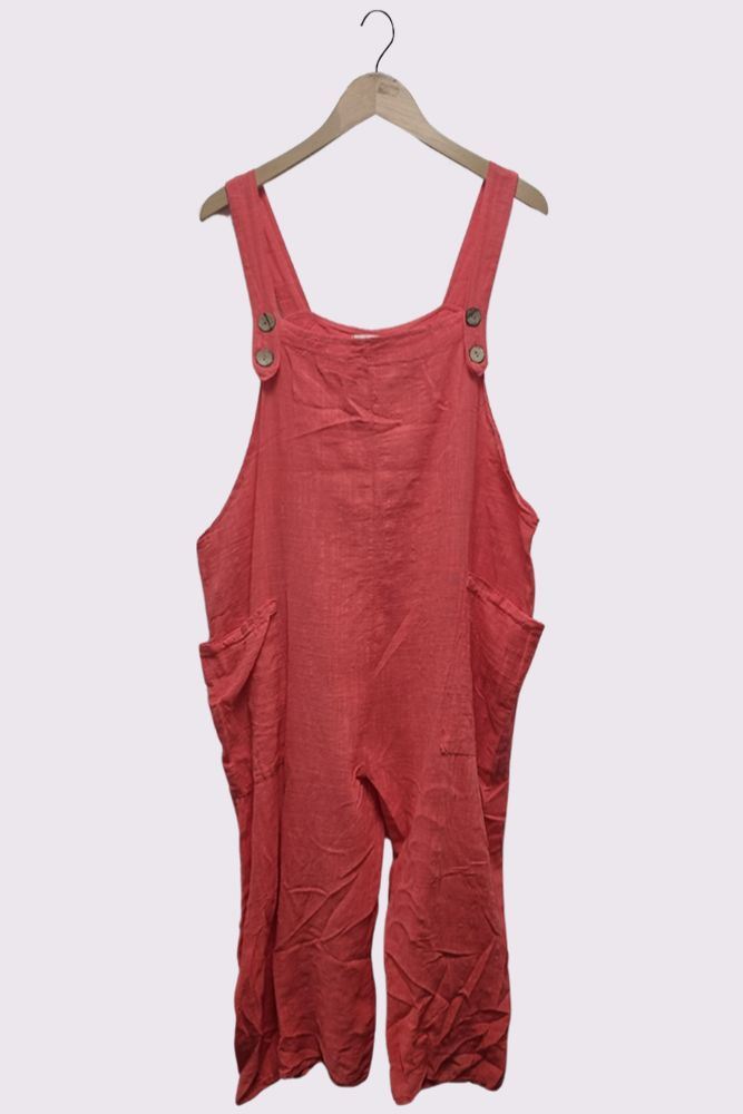 Strap Button Detail Plain Linen Jumpsuit Dungaree