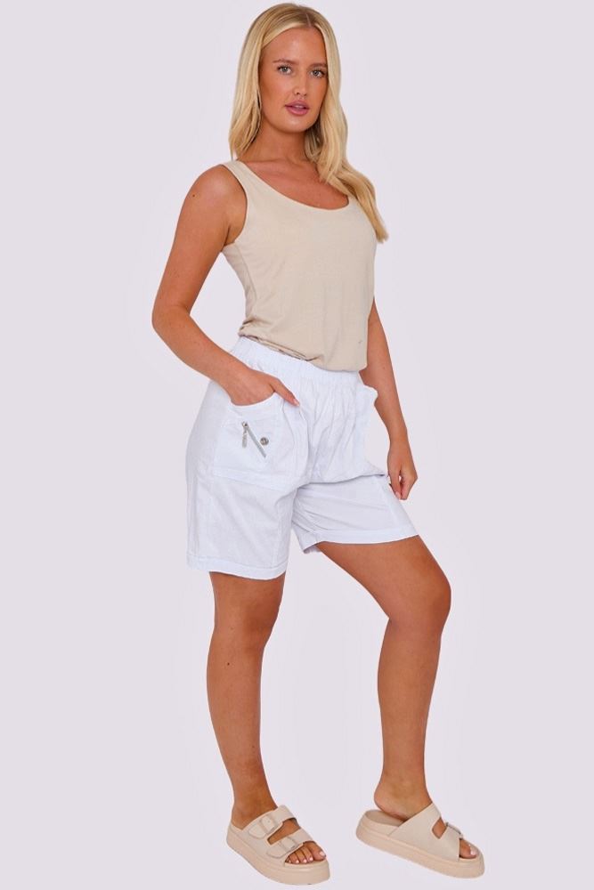 Plain Front Button Detail Zip Pockets Cotton Shorts