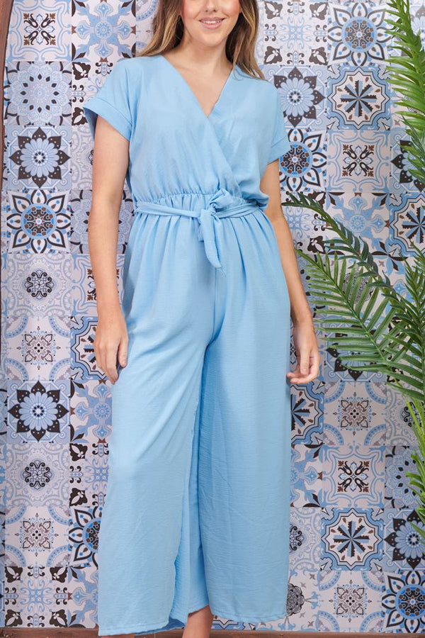 Plain Belted Wrap Over Jumpsuit