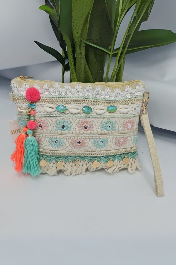 Boho Shell & Embroidered Tassel Clutch Bag