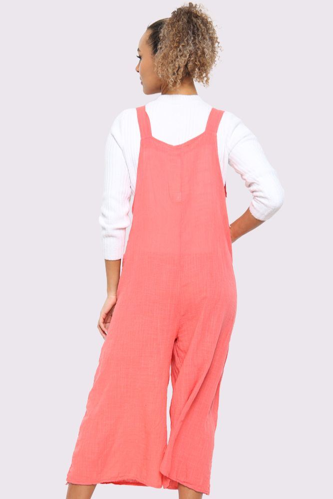 Strap Button Detail Plain Linen Jumpsuit Dungaree