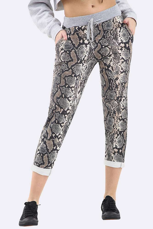 Snake Print Foldover Hem Lined Trouser