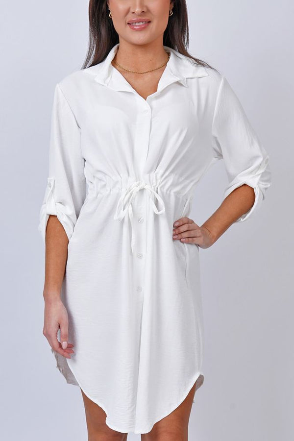 Plain Drawstring Button Up Shirt Dress