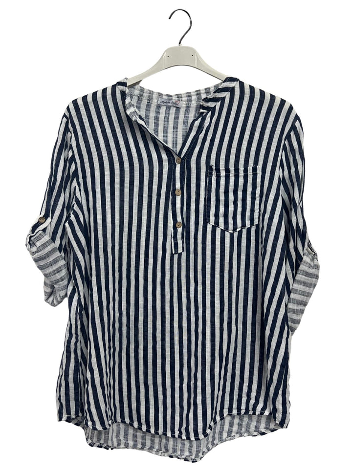 Vertical Stripes Print Single Chest Pocket Tunic Cotton Top