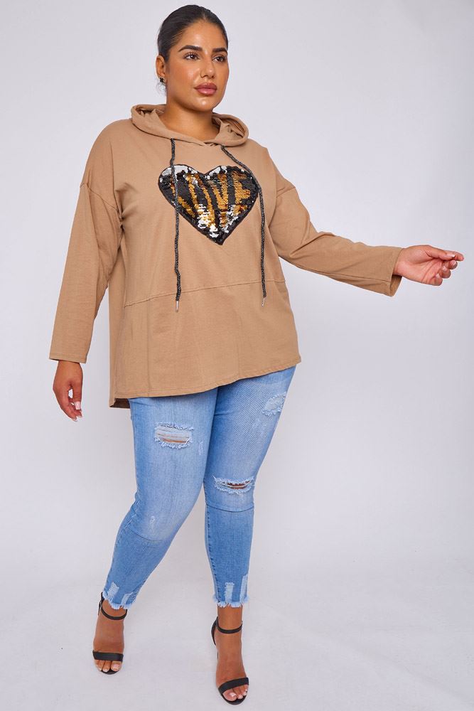 Sequin Love Heart Drop Hem Drawstring Hoodie