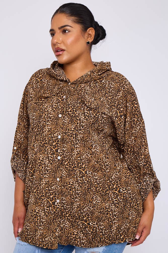 Leopard Print Drawstring Hooded Shirt