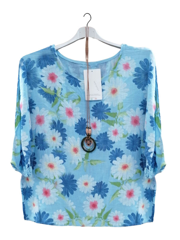 Daisy Flower Print Necklace Cotton Top