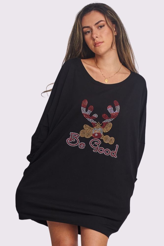 Rudolph Be Good Rhinestone Detail Oversized Side Pockets DipHem Cotton Top