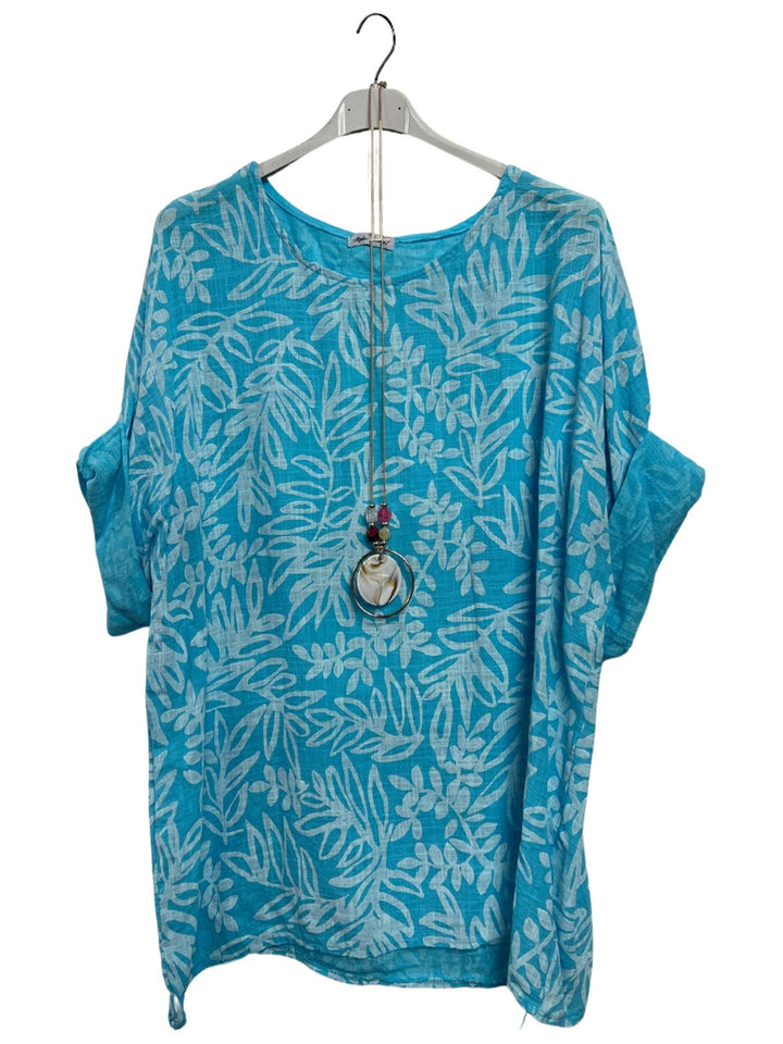 Floral Print Necklace Cotton Tunic Top