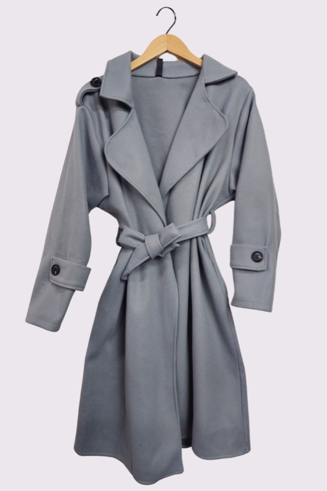 Plain Shoulder And Sleeve Button Detail Belted Coat