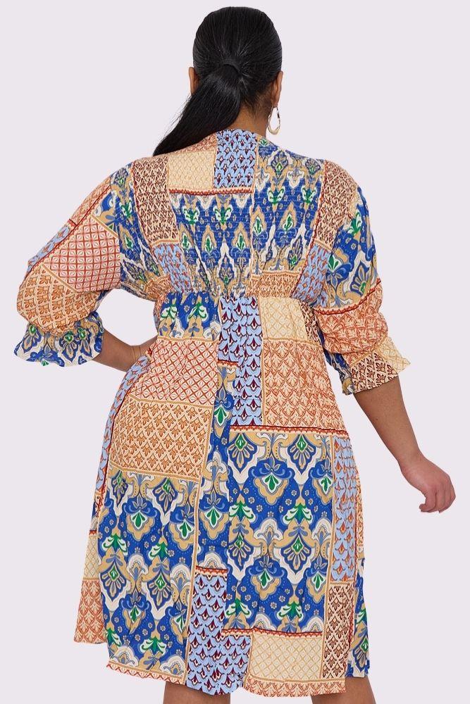 Geometric Print Shirred Dress