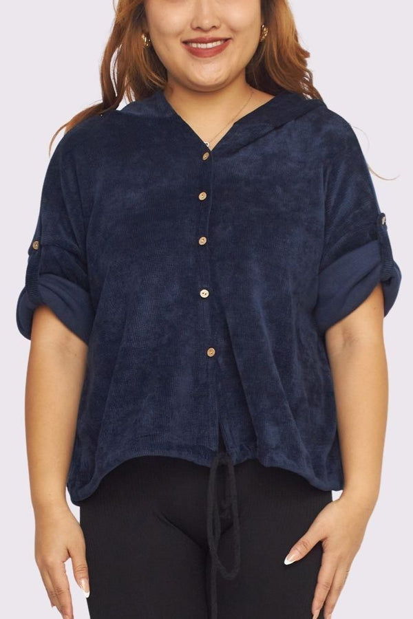 Corduroy Cropped Hooded Drawstring Shirt