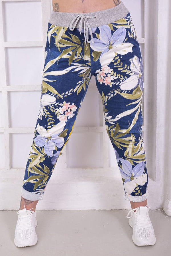 Cotton Tropical Floral Print Drawstring Trousers