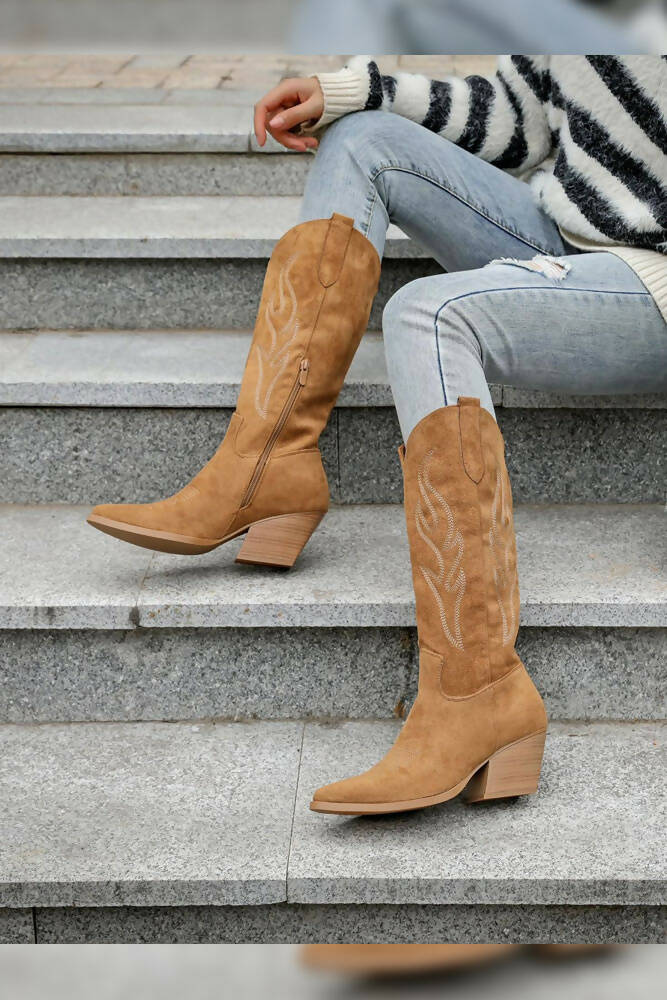 Pointed Toe Suede Embroidered High Cowboy Boots