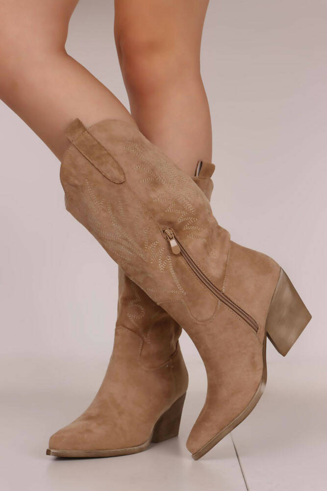 Pointed Toe Suede Embroidered High Cowboy Boots